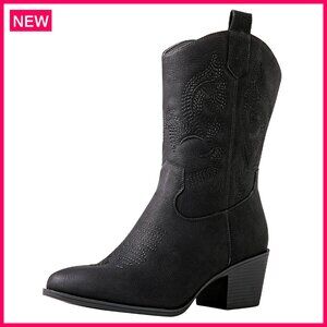 Women's Mid Calf Cowboy Boots Chunky Low Heel Faux Leather Western Style